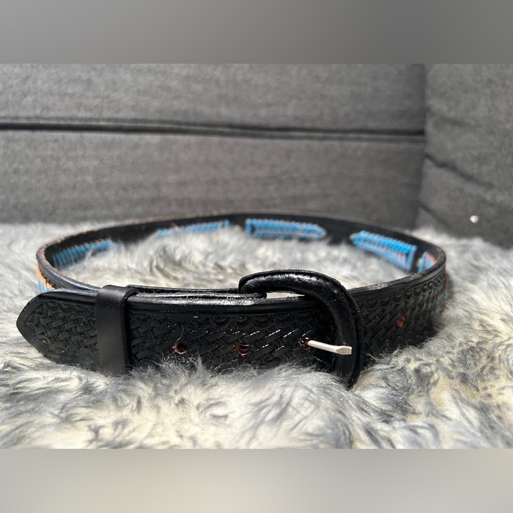 🤠 M&F Western Size 34 Black Leather Belt with‎ Turquoise Chevron Design 🤠